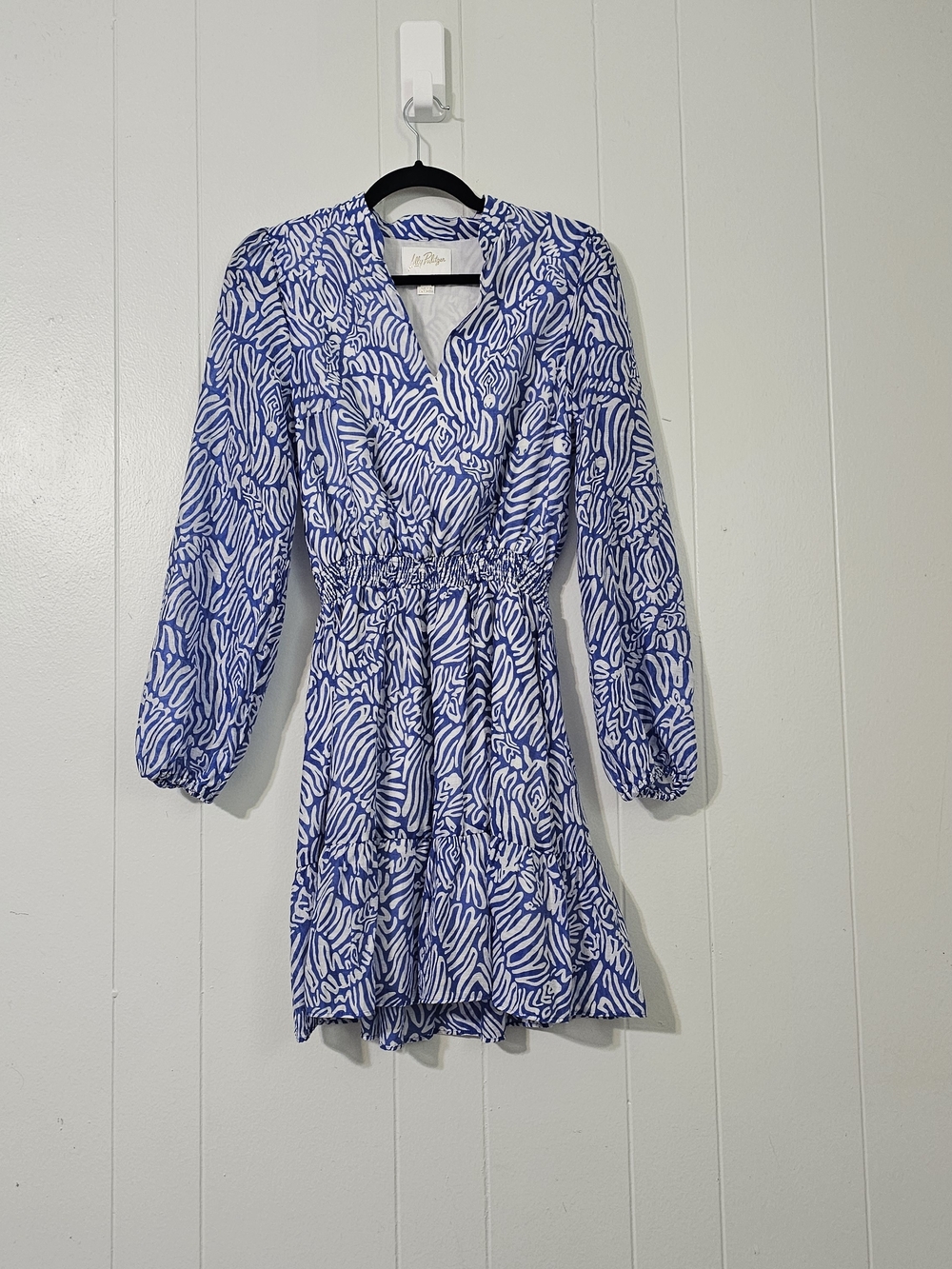Lilly Pulitzer Blue White Zebra Print Linen Blend Mini Dress Size 6 Boho Preppy - Picture 2 of 10